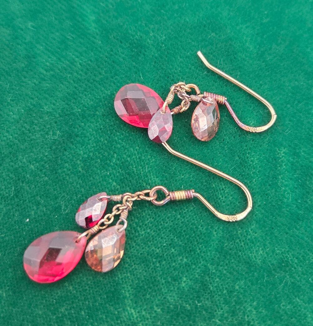 Vintage 925 Silver Gold Vermeil Cluster Earrings Pink Red Briolette Dangle